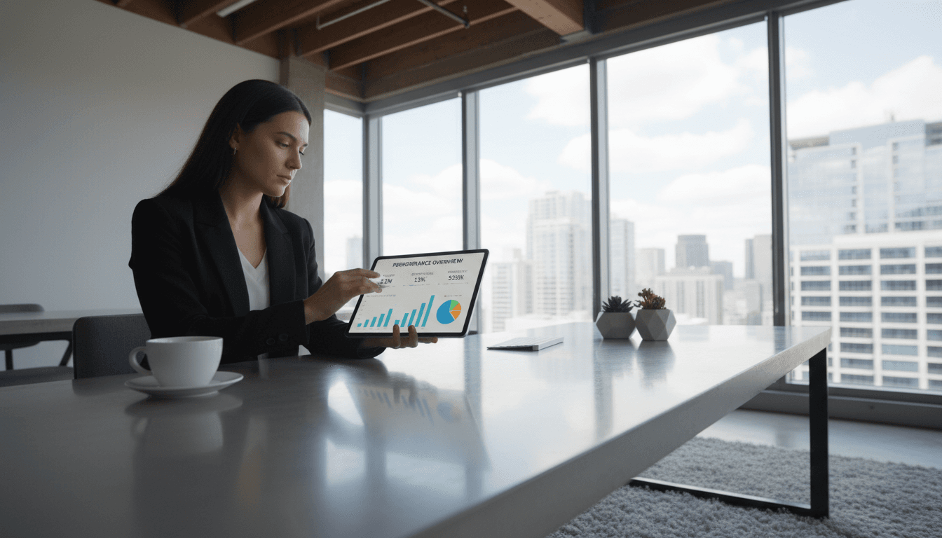 Digital marketing professional reviewing analytics on tablet in workspace