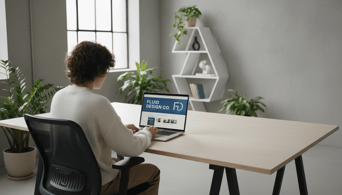 Web designer creating a responsive website on a laptop in a minimalist studio