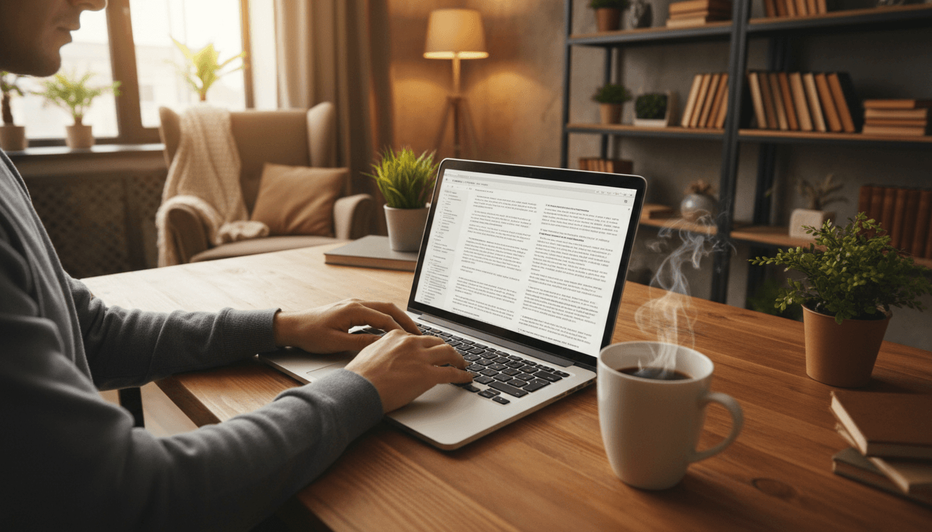 Content writer working on a laptop with coffee in a cozy office setting