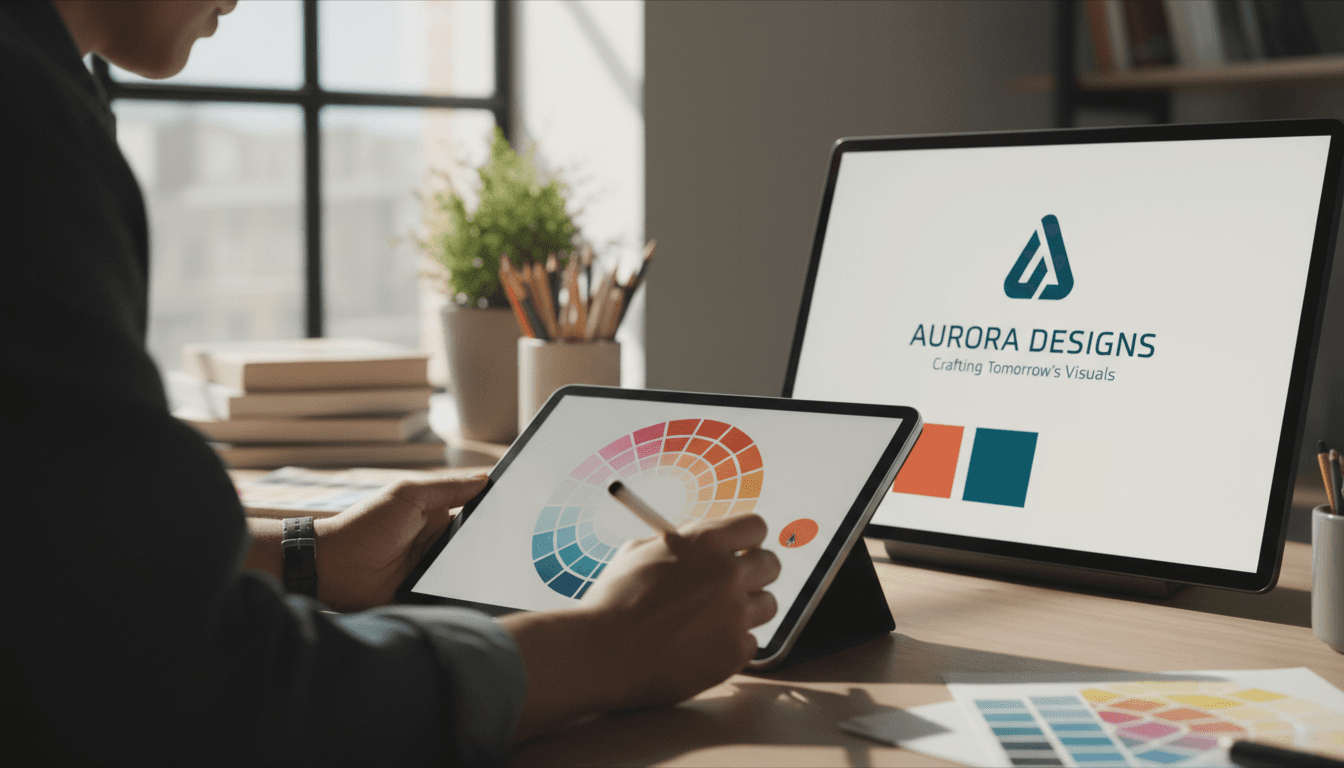 Graphic designer selecting brand colors on a tablet in a creative workspace