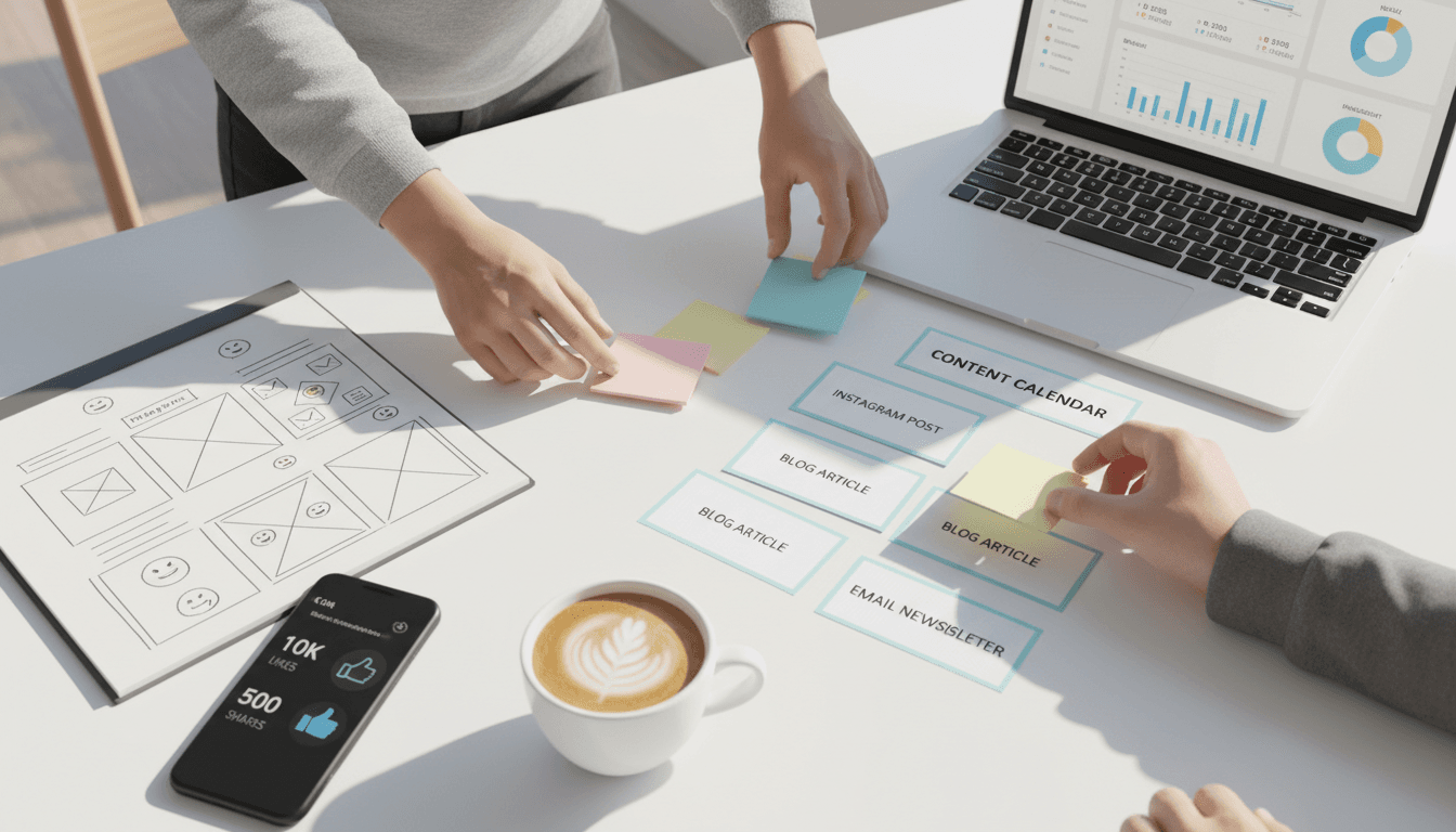 modern marketing workspace with laptop showing analytics