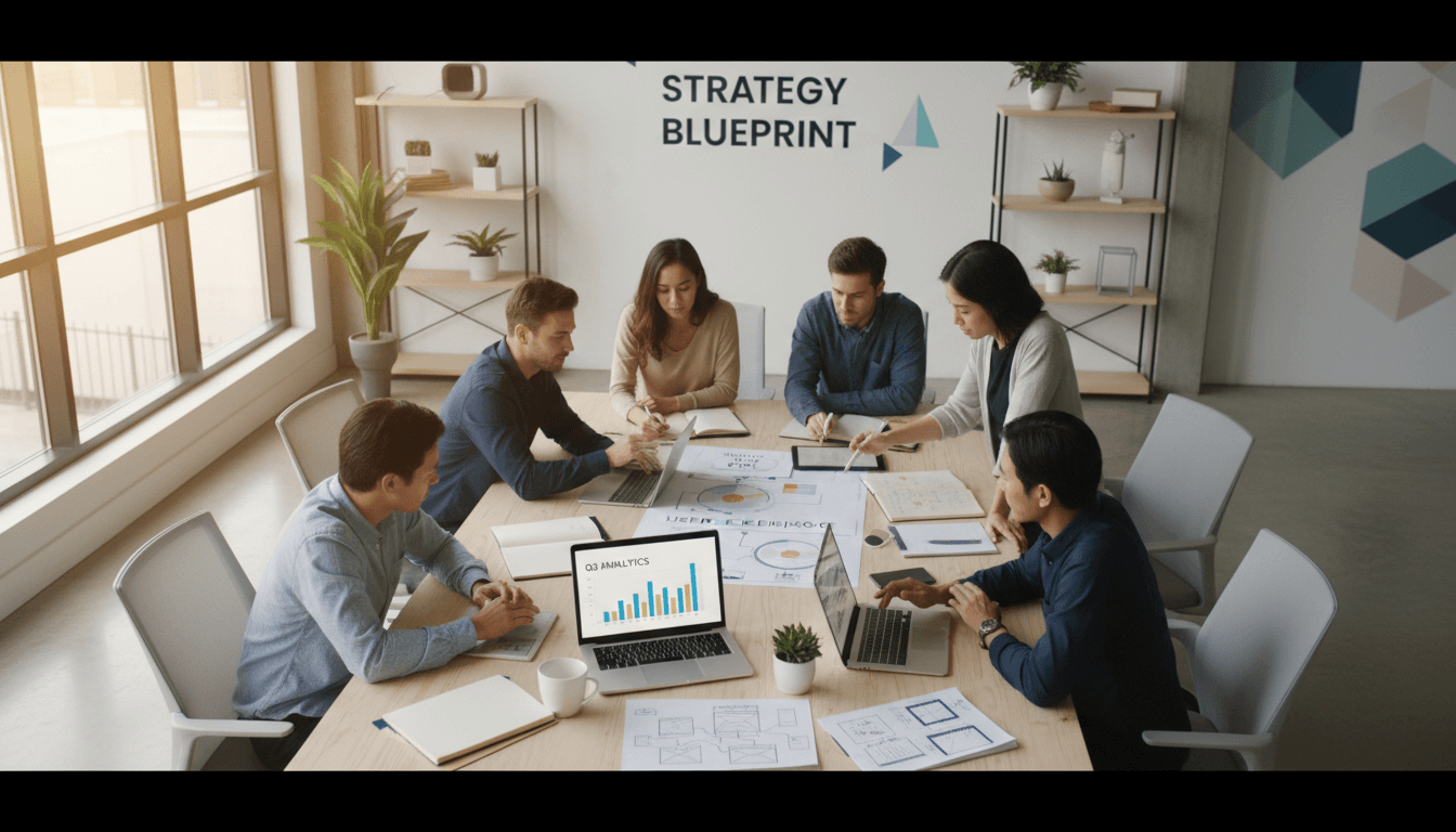 Digital marketing team sketching wireframes on whiteboard in modern office