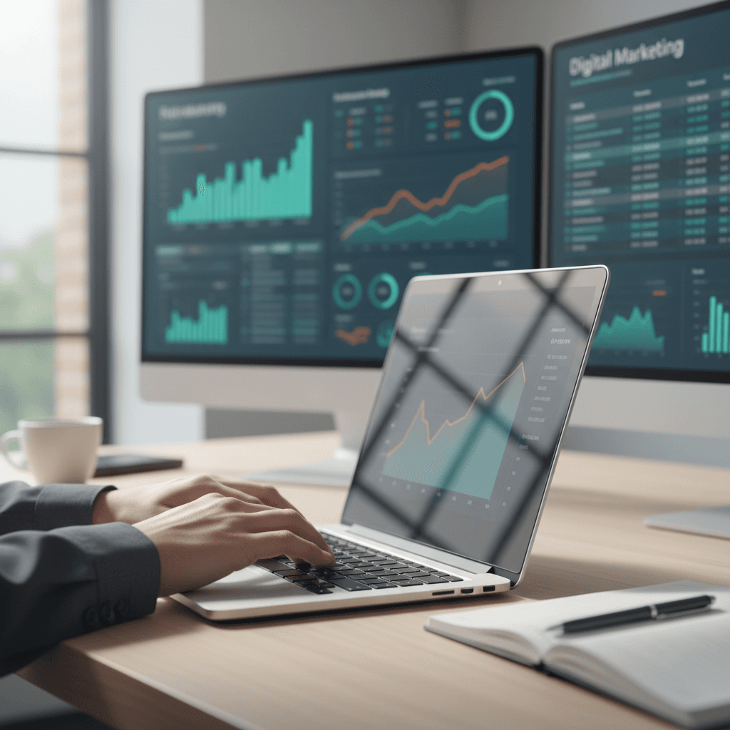 Digital marketing professional analyzing keyword data on laptop screen in modern office