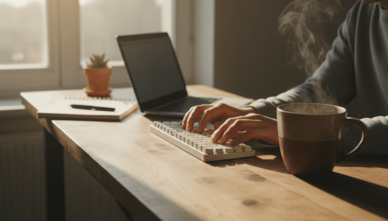 Content writer taking notes at desk with coffee and plant in natural light