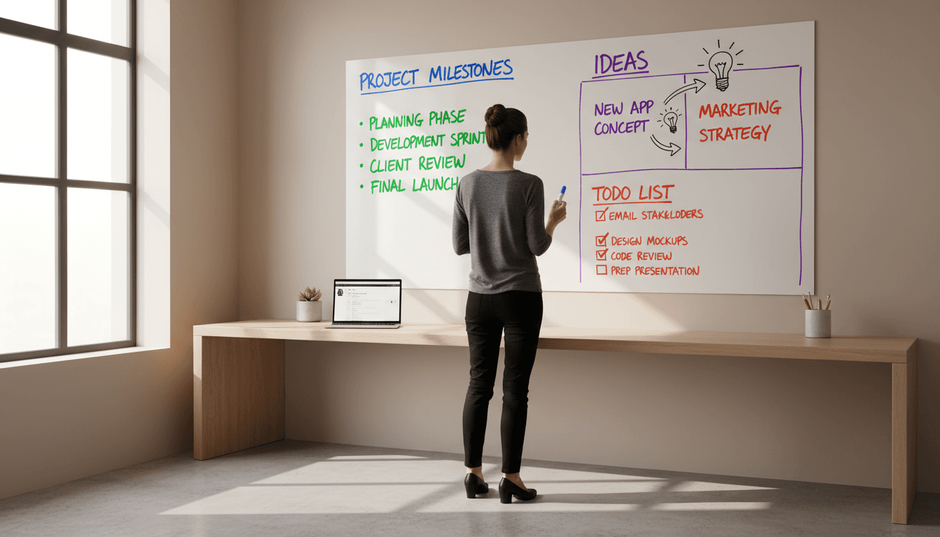 Hand writing marketing strategy on a whiteboard in a bright office