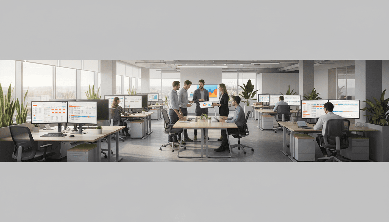 Professional digital marketing team working in a modern office space