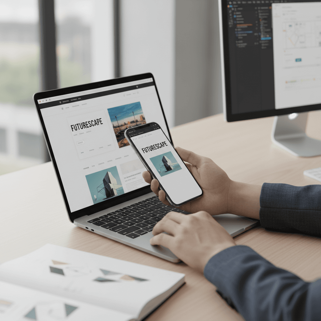 Modern responsive website design mockup on laptop screen in bright office