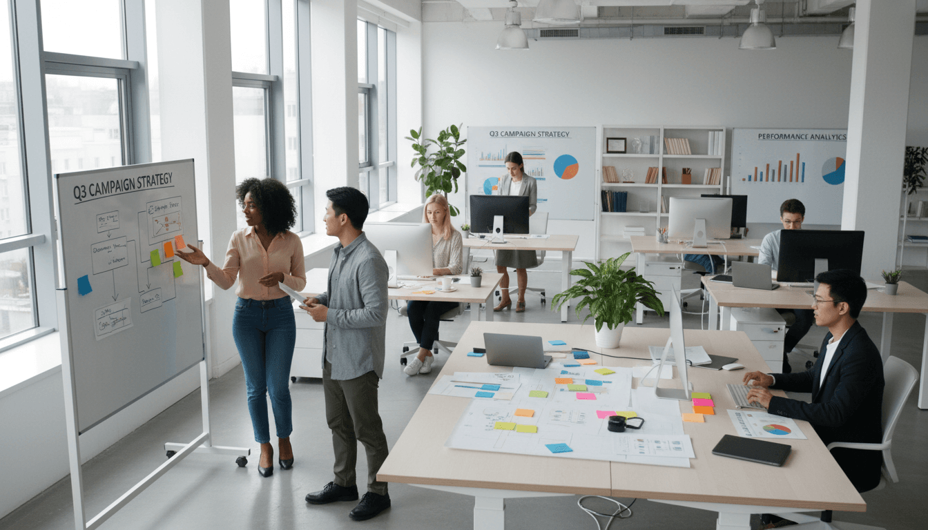 Digital marketing team working together in a bright modern office