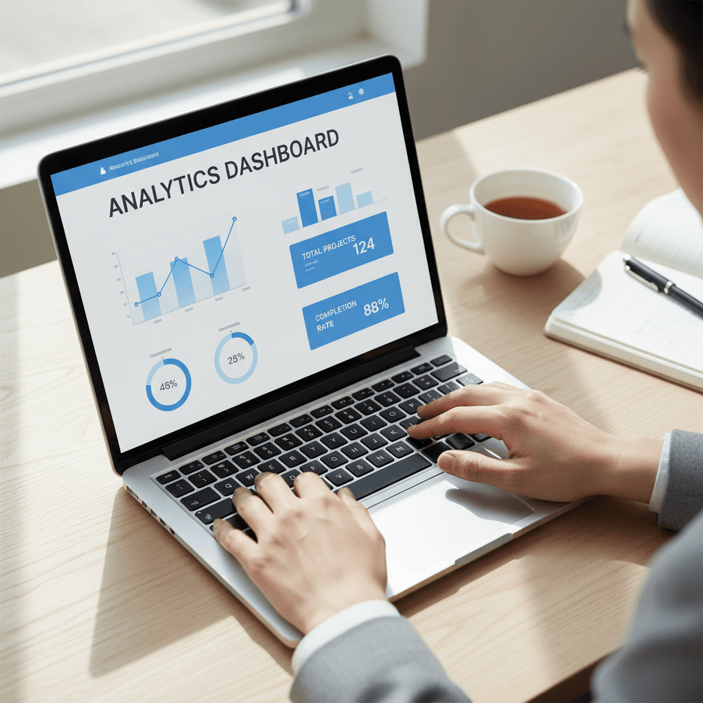 Hands typing on a laptop showing marketing analytics