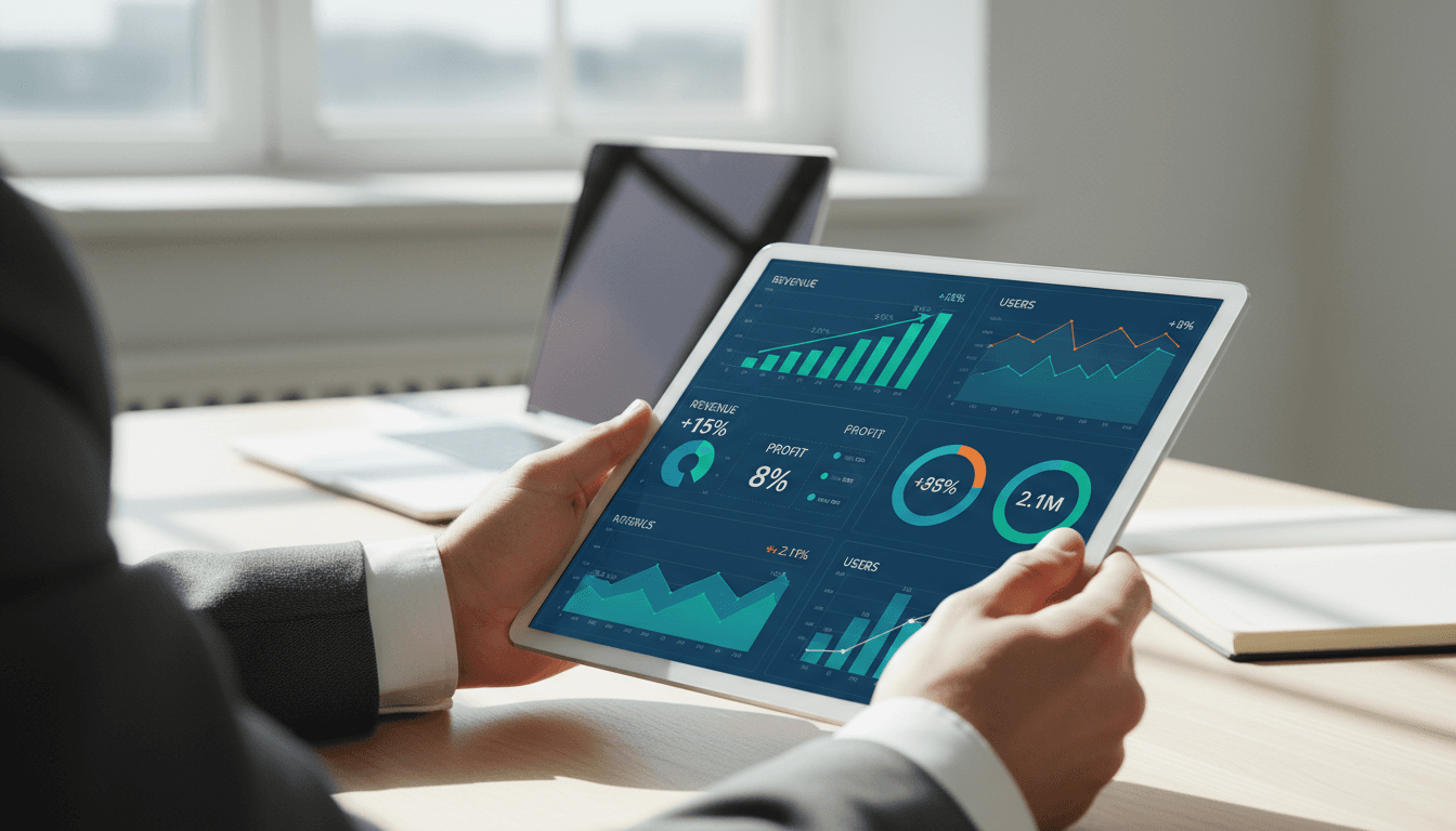 professional looking at tablet showing analytics dashboard with upward trend graph in modern workspace
