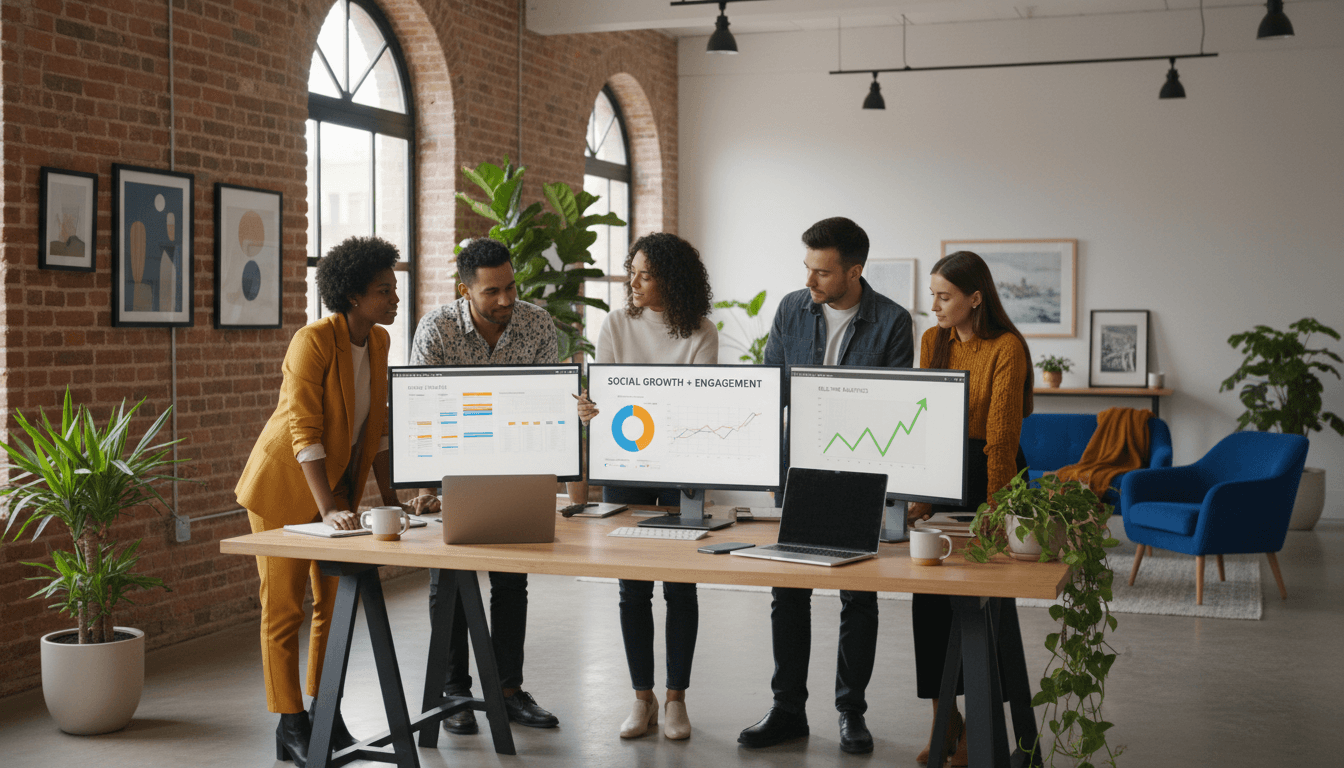 Marketing team analyzing campaign performance on screen