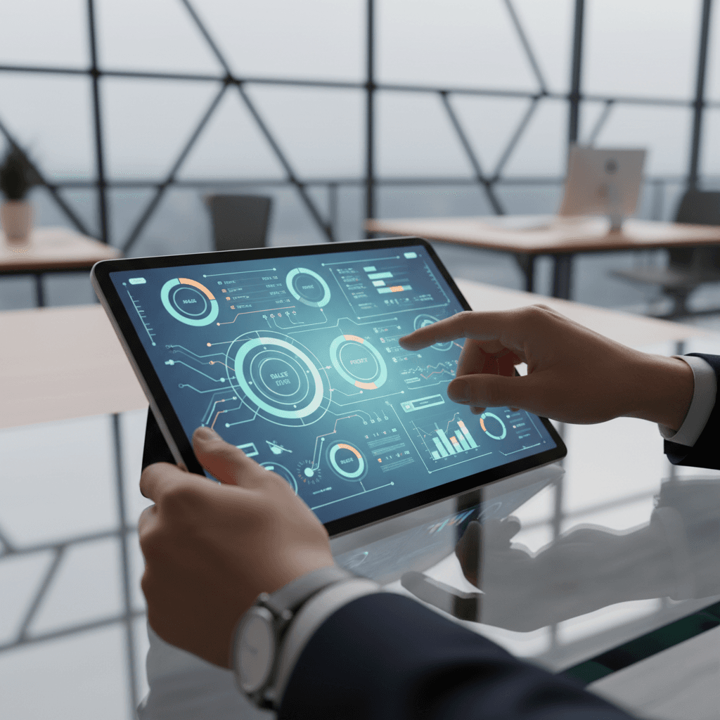 Business analytics dashboard on tablet showing upward trending graphs with gold accents