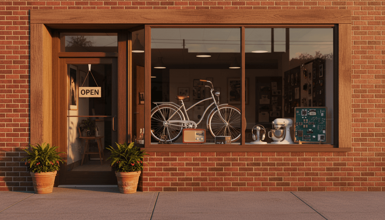 Small business storefront on main street with open sign and welcoming entrance
