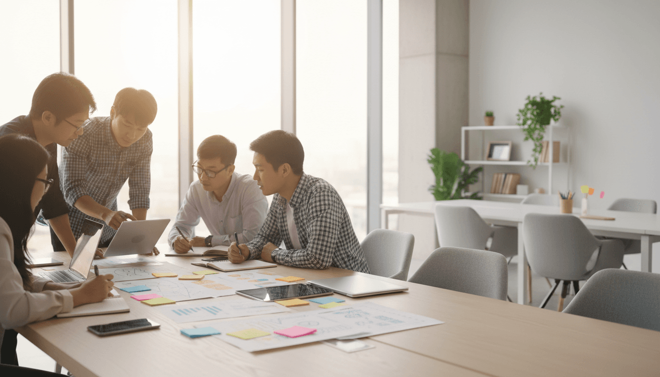 digital marketing team working on a strategic plan in a bright modern office