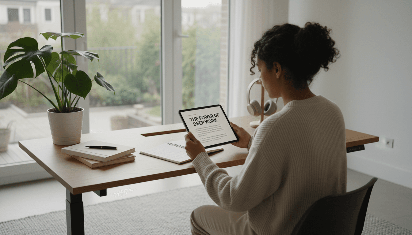 Business owner reviewing analytics on a tablet at a desk