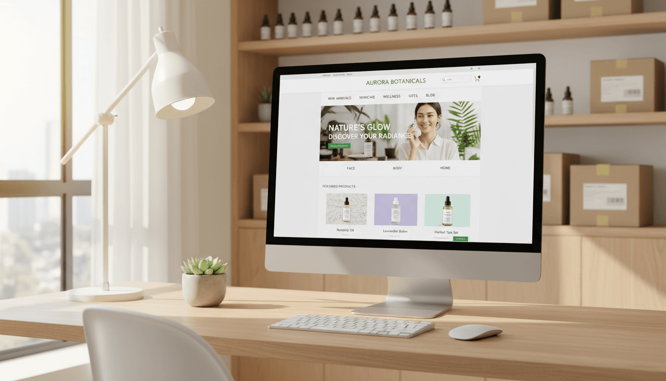 ecommerce product display on laptop screen with shopping cart icon and gold accents in modern studio setting