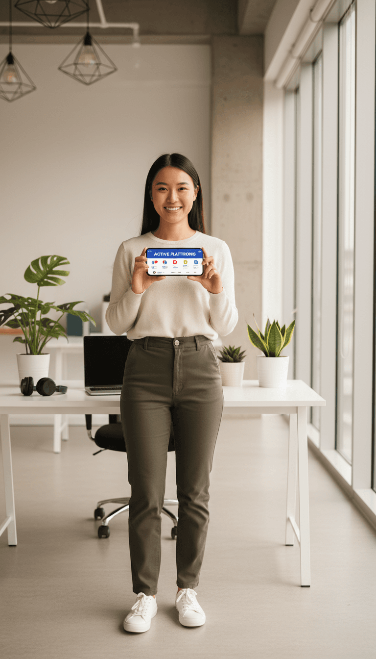 professional on smartphone showing location pin on map in bright office with plants and natural light