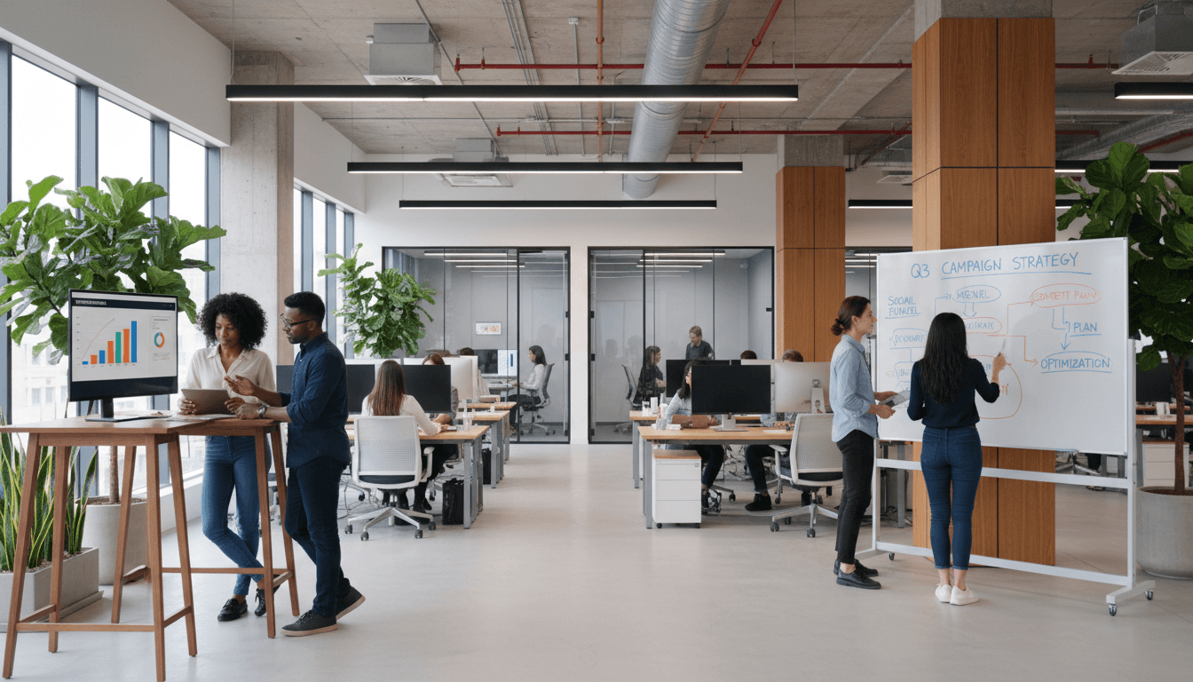 Marketing team reviewing analytics on screens in a sleek, modern office