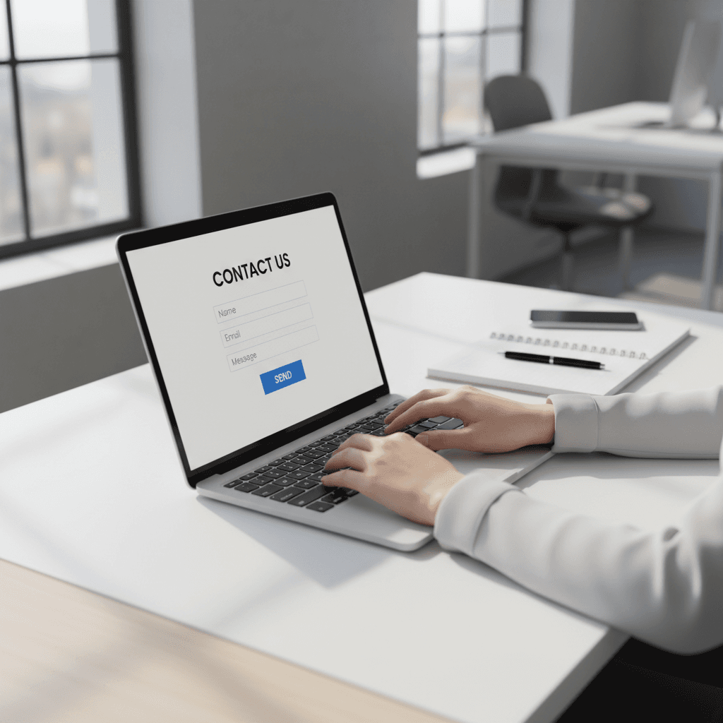 Business professional typing on laptop with contact form visible on screen