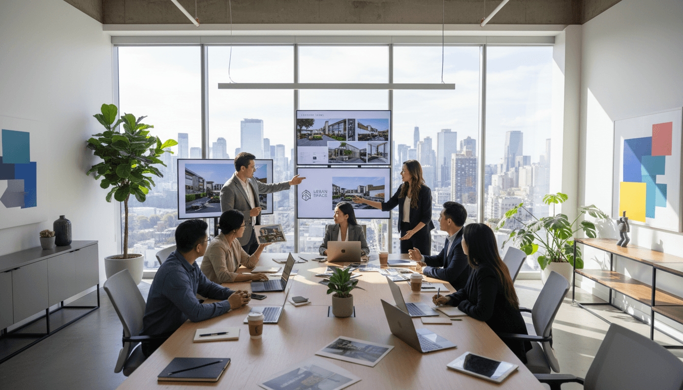 Marketing team collaborating around a laptop in a modern office