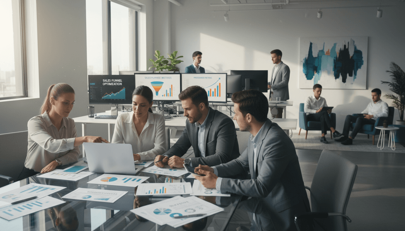 Digital marketing team collaborating in a modern office