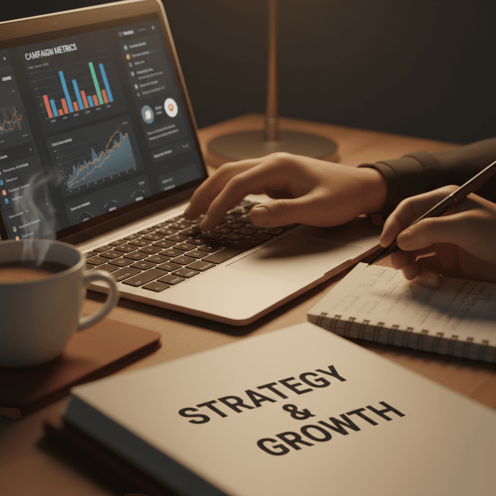 Hands typing on laptop with marketing data on screen