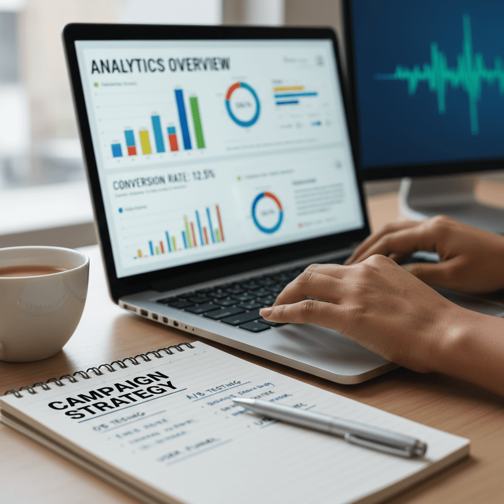 Hands typing on a laptop with analytics on screen