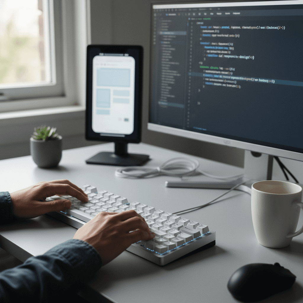 Web developer inspecting code on two monitors in clean bright workspace